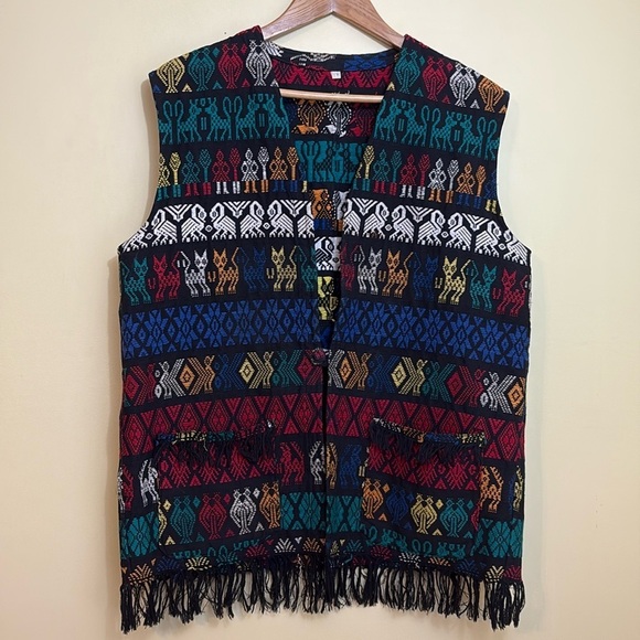 La Original | Vintage 100% Cotton Guatemala Fringe Woven Folklore Cat Vest L - Picture 1 of 17